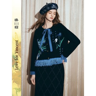 两三事梵高文艺鸢语心事下摆绑带鸢尾花毛衣 爆米花专享