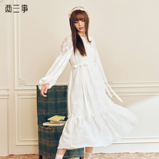 两三事梦呓者甜美绣花镂空肩蝴蝶结白色连衣裙