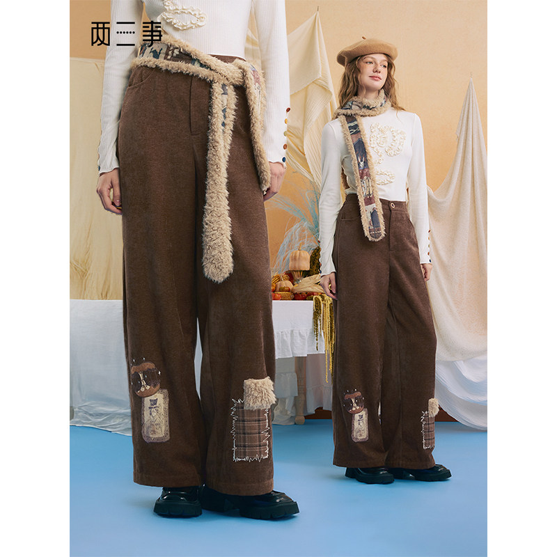 两三事可可漫旅贴布刺绣毛绒雪尼尔阔腿休闲裤,女装/女士精品,休闲裤,淘宝优惠券,粉丝福利购,淘宝优惠卷