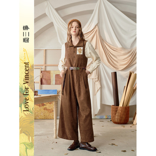 两三事梵高文艺焦糖漫想向日葵贴布绣系带连体裤 爆米花专享