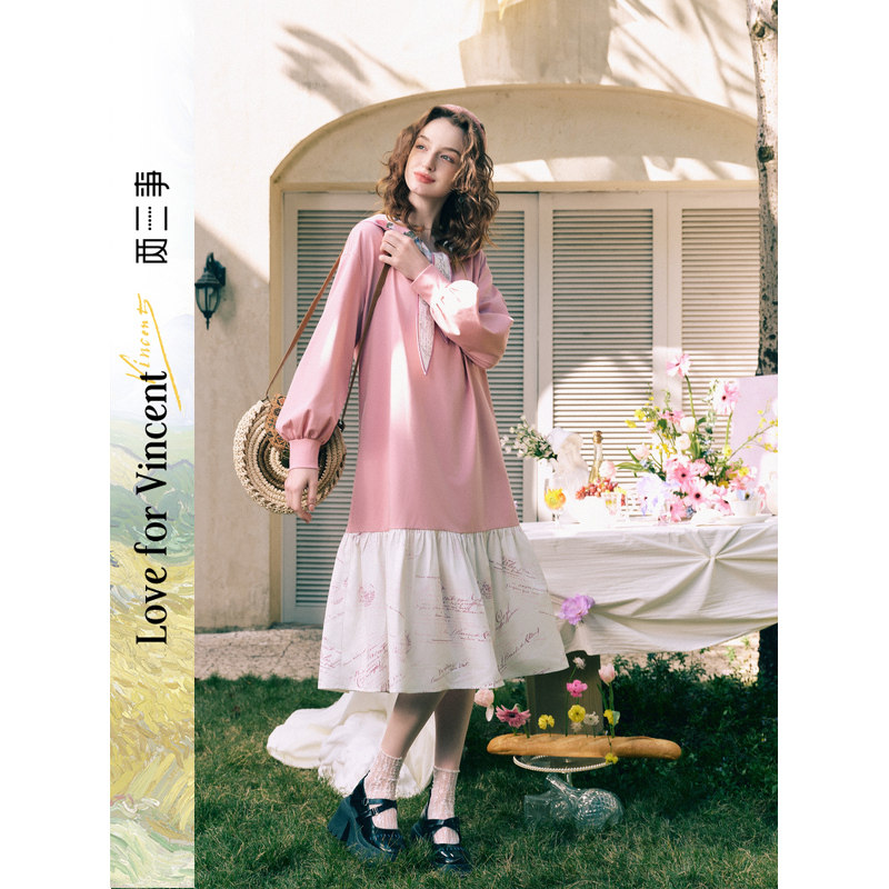 两三事梵高文艺落樱吹雪印花绑带海军蓝拼布裙摆连衣裙,女装/女士精品,连衣裙,淘宝优惠券,粉丝福利购,淘宝优惠卷