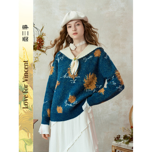 两三事梵高文艺葵与乐章手钩花拼色海军领毛衣 柒柒Moon直播间