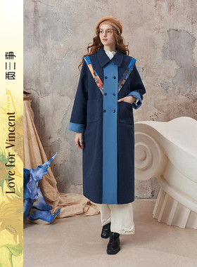 两三事梵高文艺莱茵河畔拼接拼色海军领毛呢外套