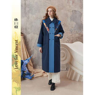 两三事梵高文艺莱茵河畔拼接拼色海军领毛呢外套 爆米花专享