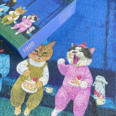 新款三大馋猫丝绒拼图1000片减压益智玩具跨境丝绒500片猫咪拼图