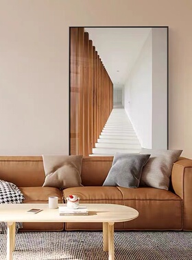 意式橙色极简别墅落地大幅画空间延伸立体感客厅沙发背景墙装饰画