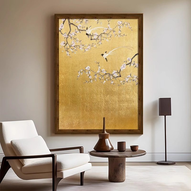 喜上眉梢新中式客厅装饰画轻奢高级感金箔喷绘玄关走廊背景墙挂画