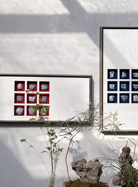 新中式瓷片瓷器餐厅客厅茶室装饰画有框入户走廊过道挂画长方形