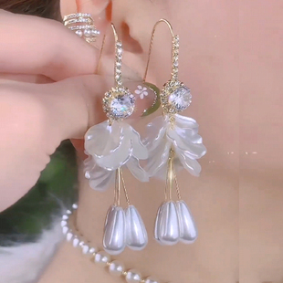 花朵珍珠流苏耳环女独特轻奢高级感时尚 超仙锆石长款 大气优雅耳饰