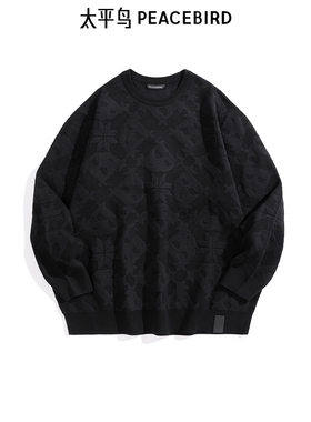 【商场同款】太平鸟男装 黑色针织衫潮流休闲圆领毛衣B1EBE4452