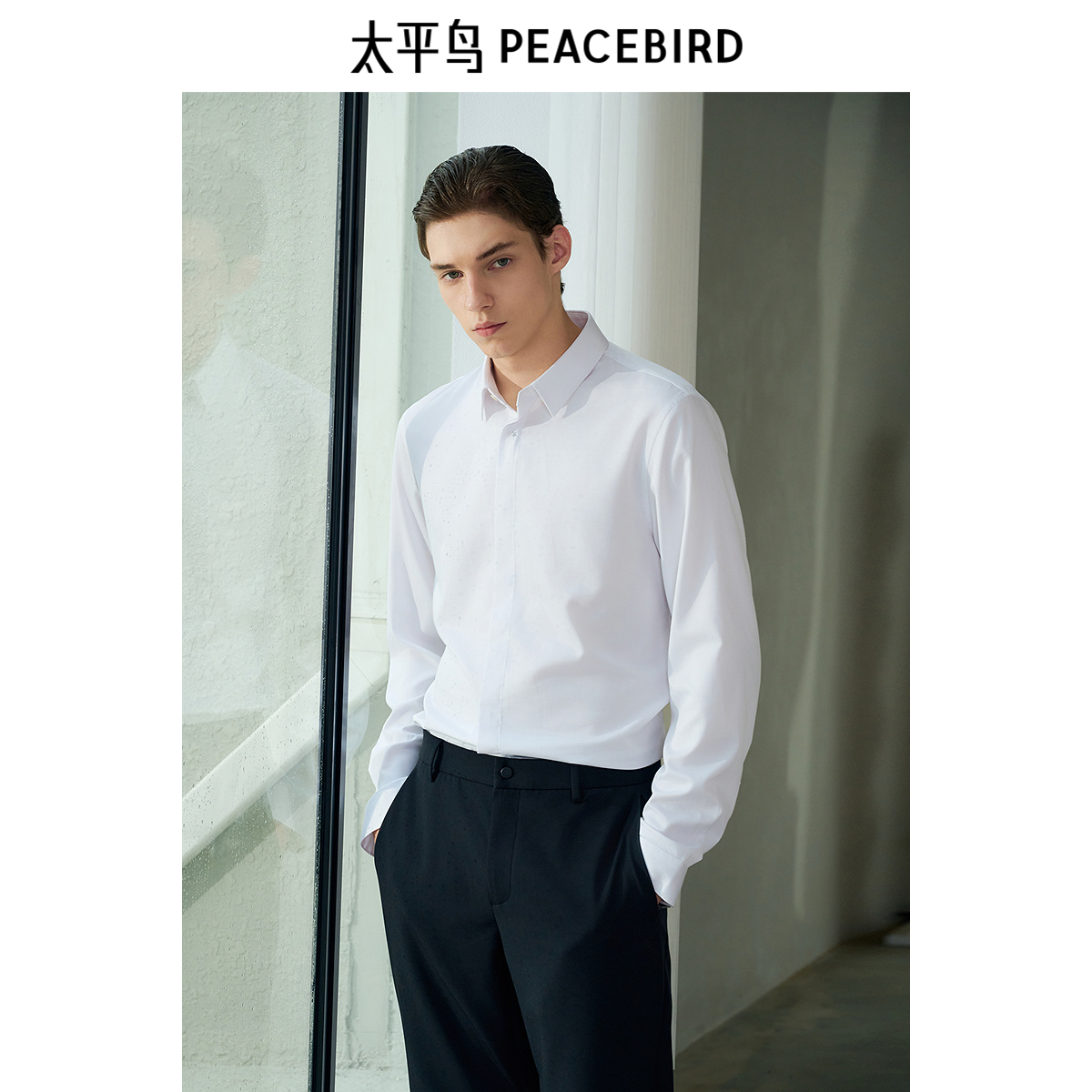 【商场同款】太平鸟男装衬衫春季新款修身刺绣商务衬衣 B1CAF1E13