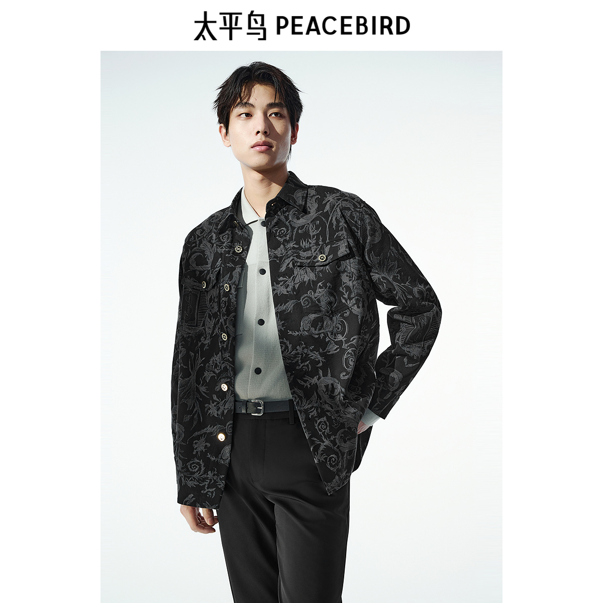 太平鸟男装2024复古提花衬衫男 B1CHE3221
