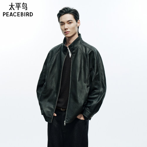 【商场同款】太平鸟男装 潮流复古擦色真皮皮衣立领夹克B1BDG4F07