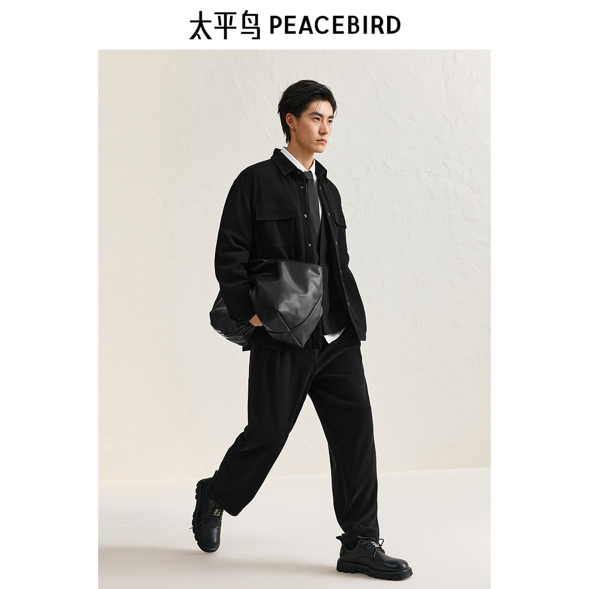 太平鸟男装肌理感衬衫式夹克春秋款夹棉翻领行政茄克休闲外套