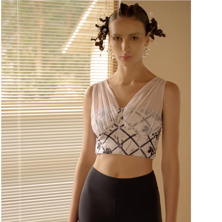 时尚性感仙网纱拼接瑜伽服套装运动文胸内衣健身背心式女透气