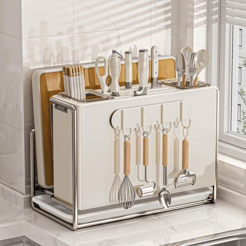 奶油风刀架筷筒收納架多功能厨房菜板置物架台面筷子筒刀具收纳筒