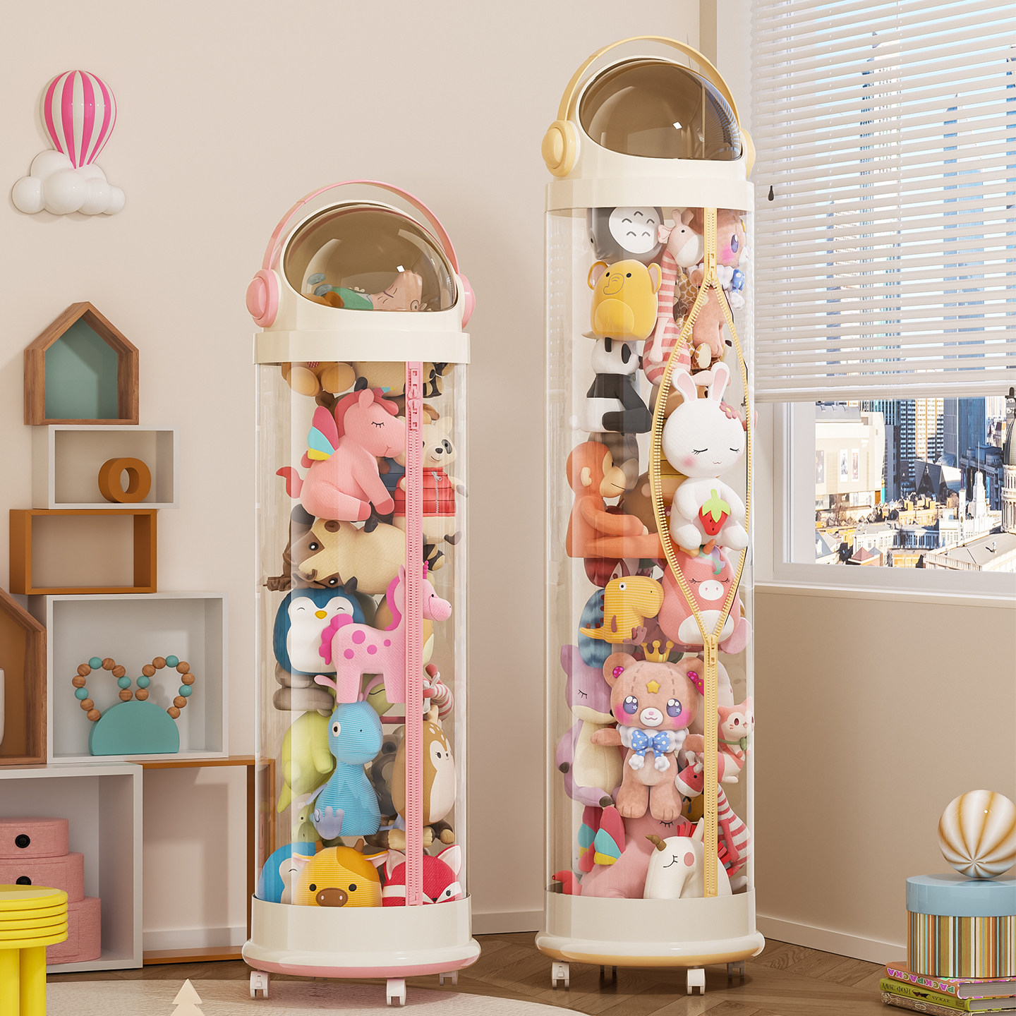 娃娃收纳桶透明大容量儿童毛绒玩具收纳筒拉链款玩偶公仔整理神器