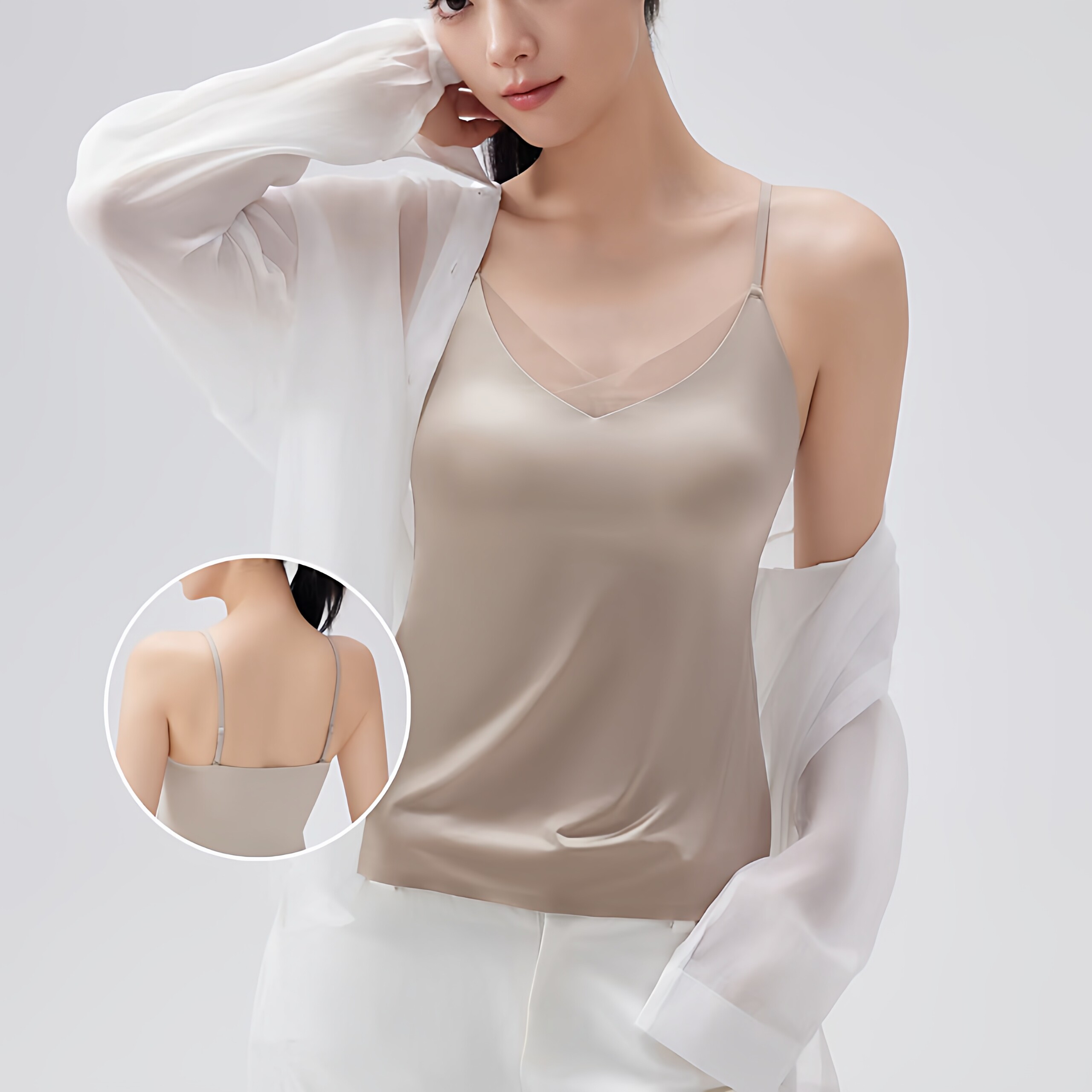 新款蕾丝缎面无痕吊带背心女带胸垫一体式固定杯修身内搭柔软内衣