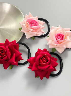 发圈仿真花朵玫瑰花红色发饰粉色头绳甜美简约不伤发丸子头皮筋
