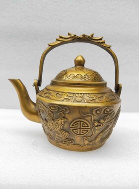 古玩铜器收藏仿古纯铜提梁龙凤酒壶茶壶包浆润泽收藏家居茶道摆设
