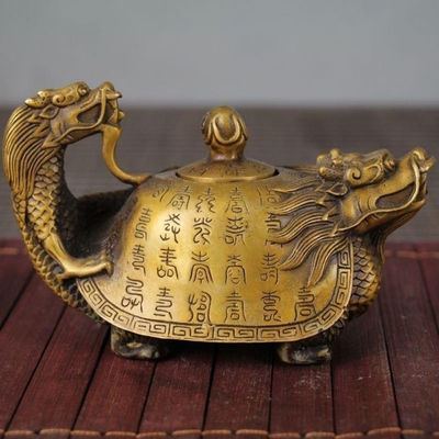 古玩仿古收藏装饰手工纯铜甲骨文鎏金铜器龙龟茶壶 酒壶装饰摆件