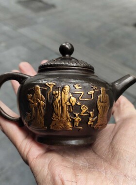 古玩铜器收藏 仿古黄铜点金福禄寿三星酒壶 包浆老道家居茶道摆件