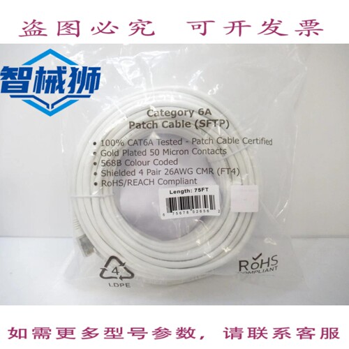 现货供应 CAT6AS-75WH CAT6A SFTP 10Gb 模压跳线 75 英尺
