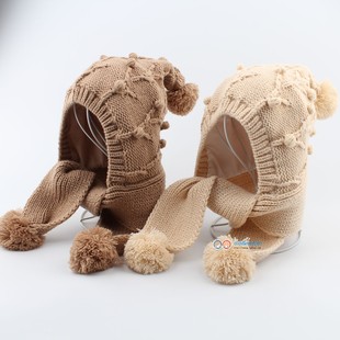 韩版儿童树枝毛线帽男女宝宝围巾帽子一体帽儿童护耳包头加厚冬帽