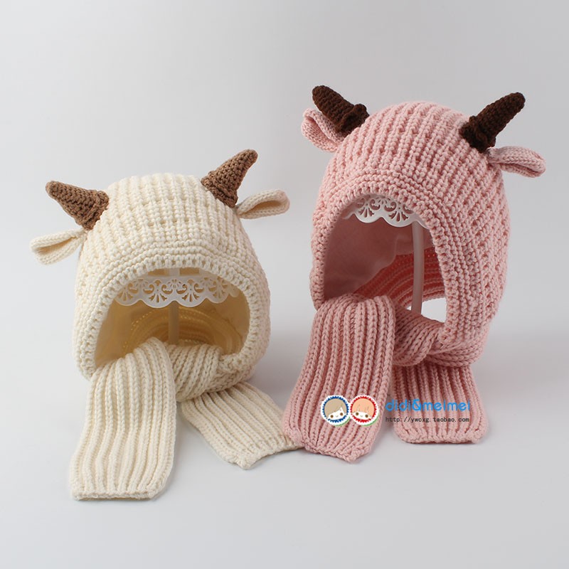 秋冬儿童卡通小羊双层包头围巾帽子一体 婴幼儿保暖防风针织帽1-5