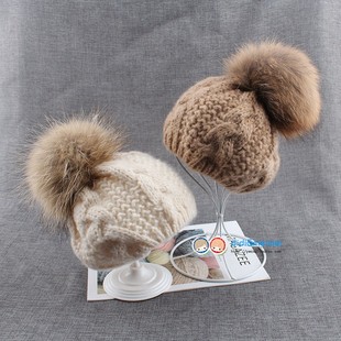 秋冬皮草大毛球贝雷亲子帽子男女宝宝儿童保暖针织毛线纯色画家帽