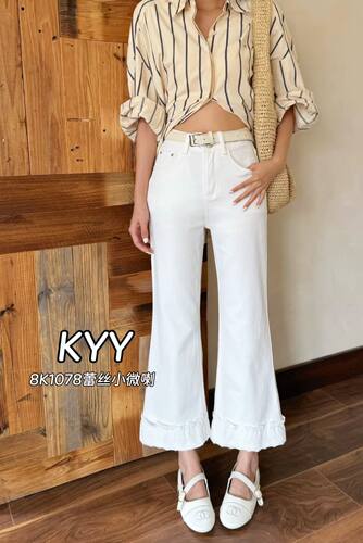 Kyy8k1078新款高腰弹力显瘦蕾丝边微九分喇裤牛仔裤女喇叭裤