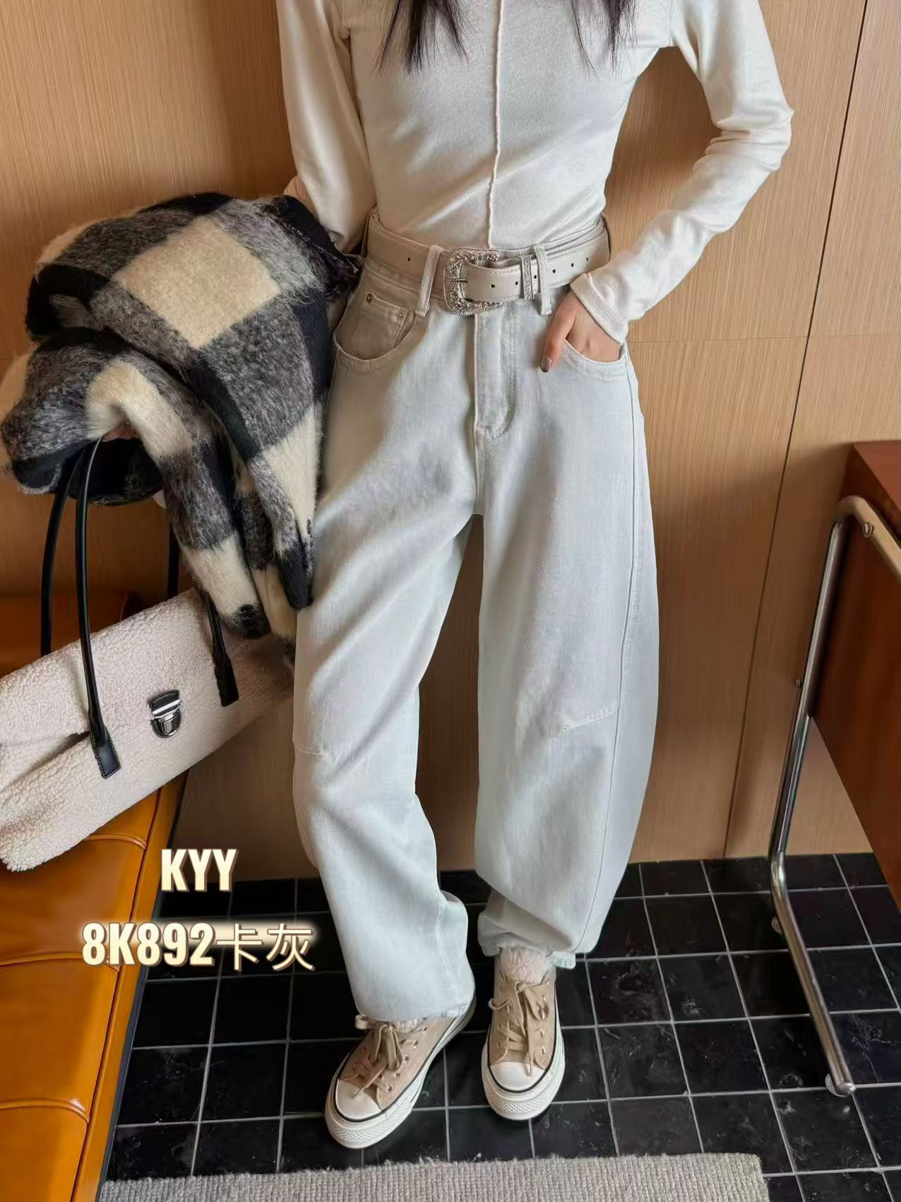 Kyy892春季延续爆款单层卡灰色弯刀裤洋气百搭阔腿裤牛仔裤女