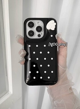 韩系ins风可爱立体天使小翅膀白色波点iPhone17promax/16pro/15/14/13promax肥皂壳