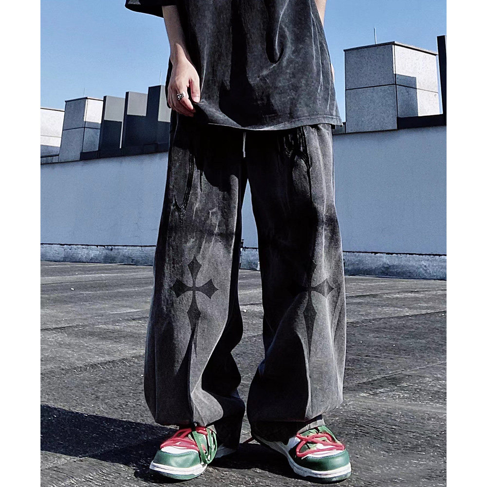 thumbnail for UUCSCC嘻哈复古高街阔腿黑色牛仔裤工装直筒宽松大码哥特风长裤男