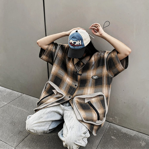 潮牌工装宽松休闲短袖格子衬衫