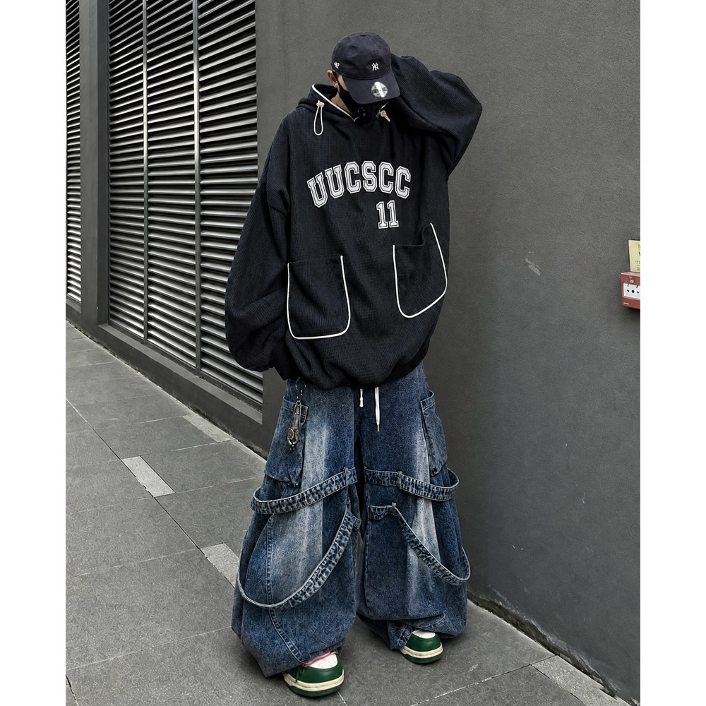 UUCSCC潮牌宽松街头运动套头帽衫美式高街复古学院连帽卫衣外套男