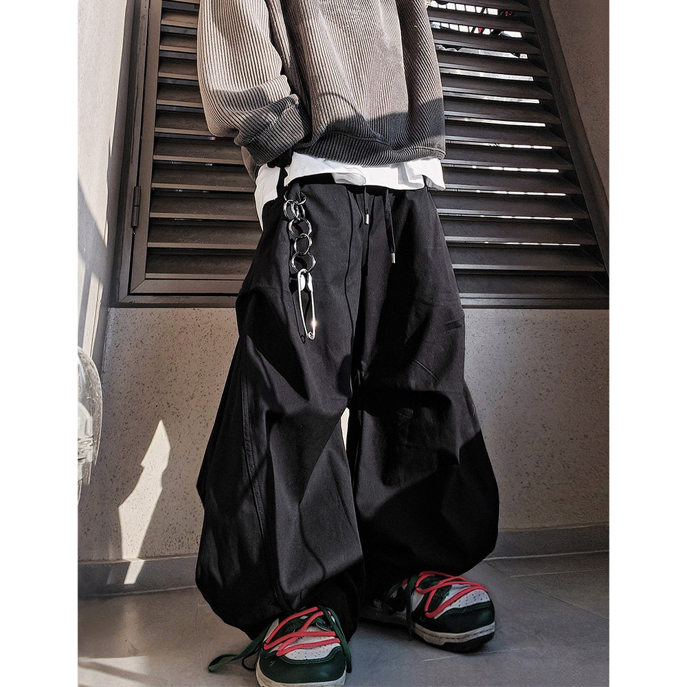 UUCSCC嘻哈美式高街束脚运动阔腿拖地长裤潮牌休闲宽松褶皱弯刀裤