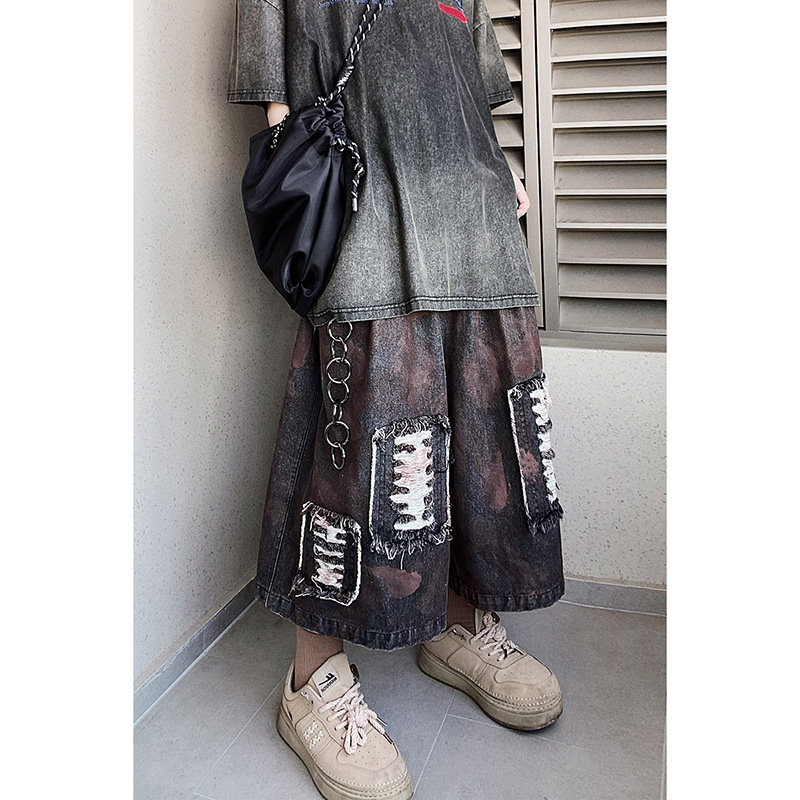 UUCSCC嘻哈高街vintage破洞补丁七分裤宽松阔腿vtg五分牛仔短裤男