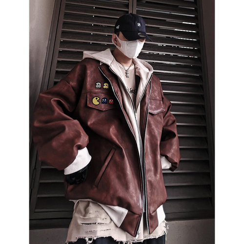 美式复古连帽做旧皮衣外套