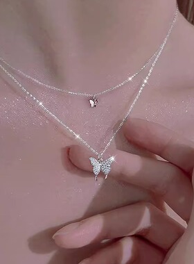 s999纯银双层蝴蝶项链女小众冷淡风纯银叠戴锁骨链520送女友礼物