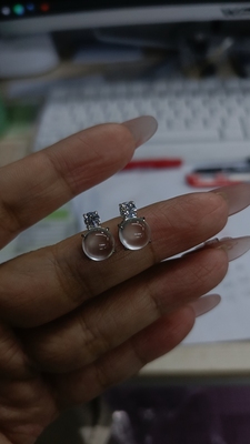 天然玉石俄冰钢蛋耳钉大颗粒培育钻镶嵌款小钢炮耳饰