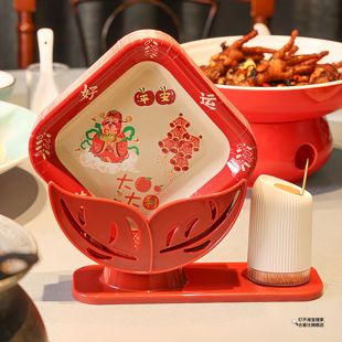 新年喜事家用一次性纸盘零食果盘红色吐骨碟加硬糖果盒果盘婚礼宴
