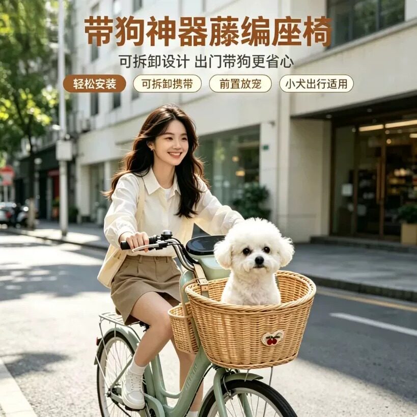 手工藤编电动车篮多用途车篮单车蓝电动车前置车篮宠物篮买菜篮