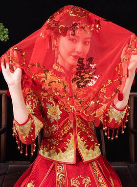 红盖头新娘2025结婚出嫁高级感红色纱巾秀禾服中式婚礼头纱蒙头巾