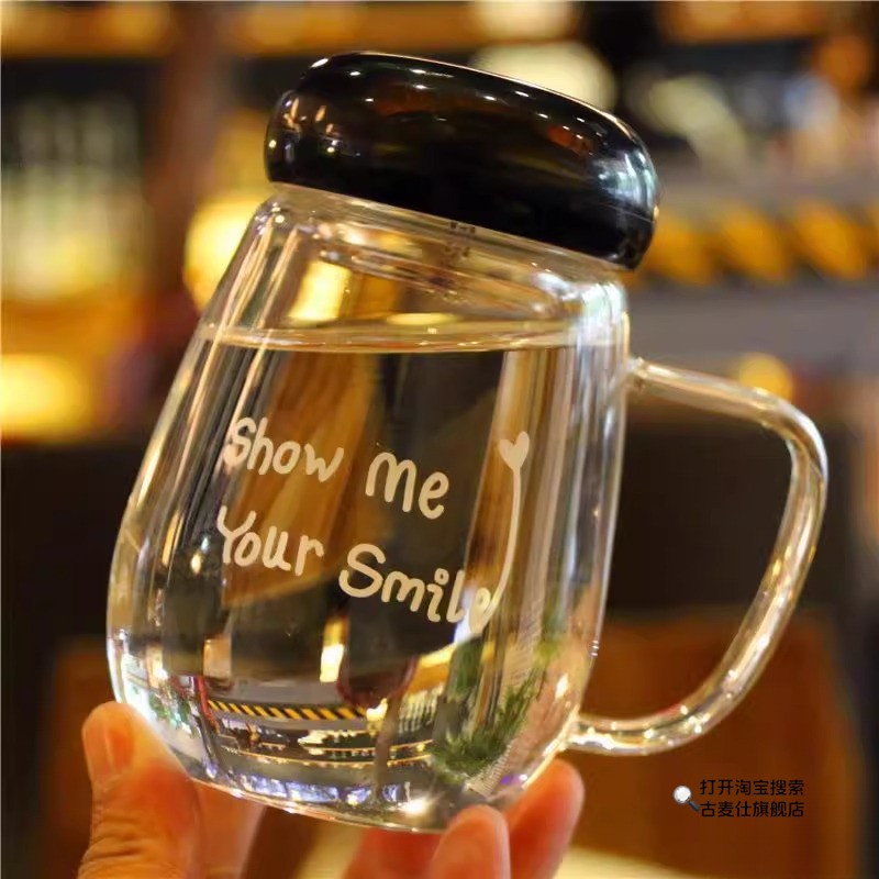 高硼硅玻璃杯女高颜值带盖茶水分离杯办公室泡茶杯子带把手耐高温