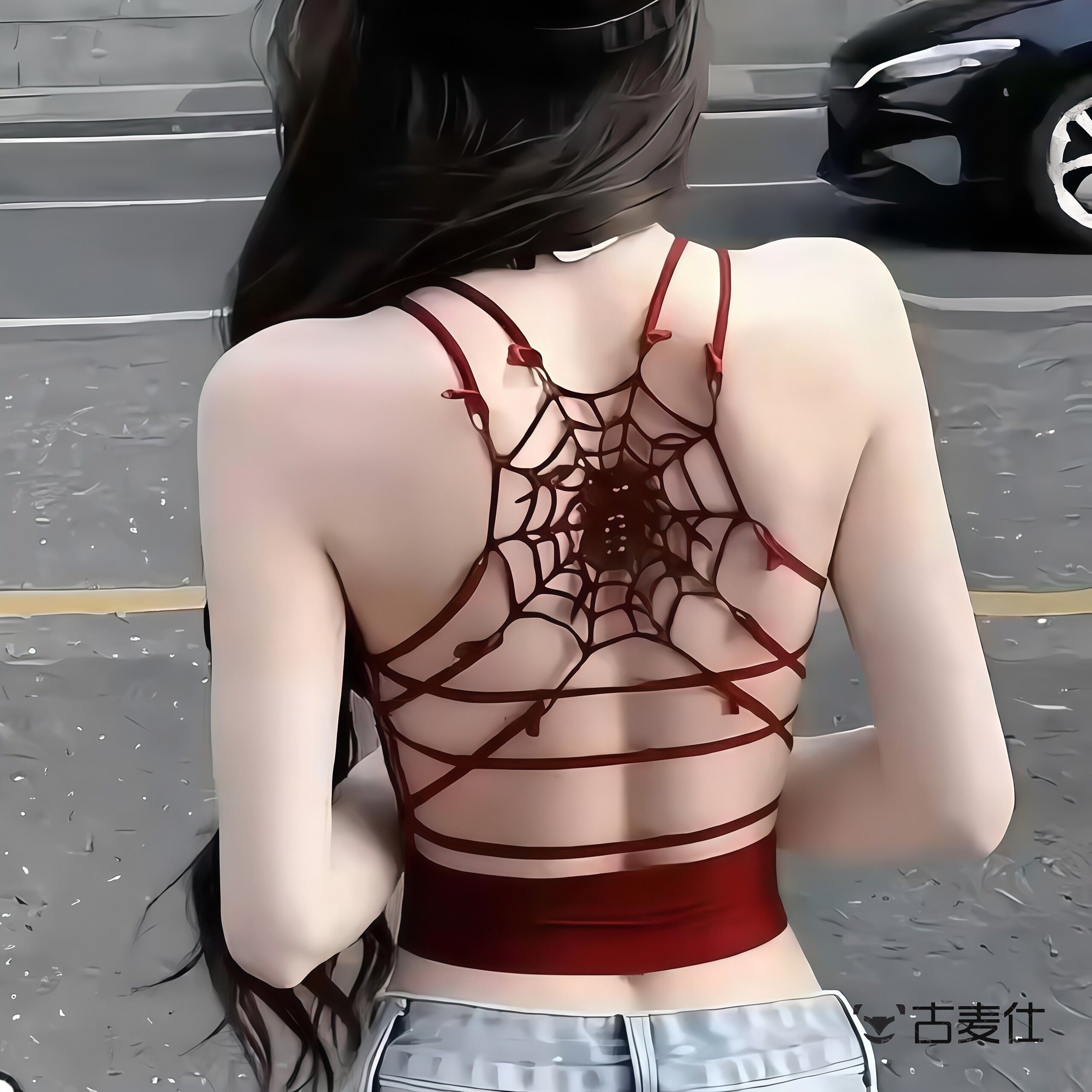 辣妹蛛网豹纹背心女生夏日清凉后背镂空吊带上衣一体式内衣肩带胸