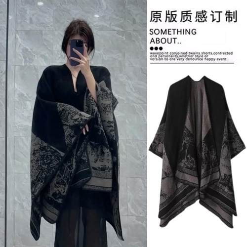 小众设计感开叉斗篷披肩暗黑系秋冬季保暖双面彷羊绒围巾披风外搭