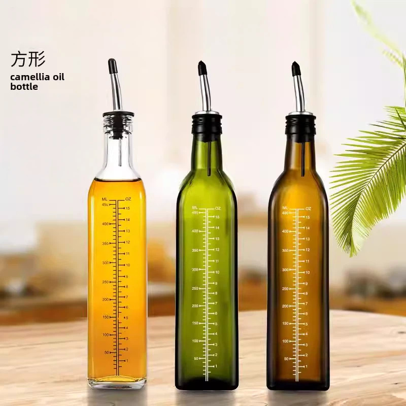 墨绿橄榄油瓶500ml方形山茶油瓶不锈钢油嘴带胶帽带刻度核桃油瓶