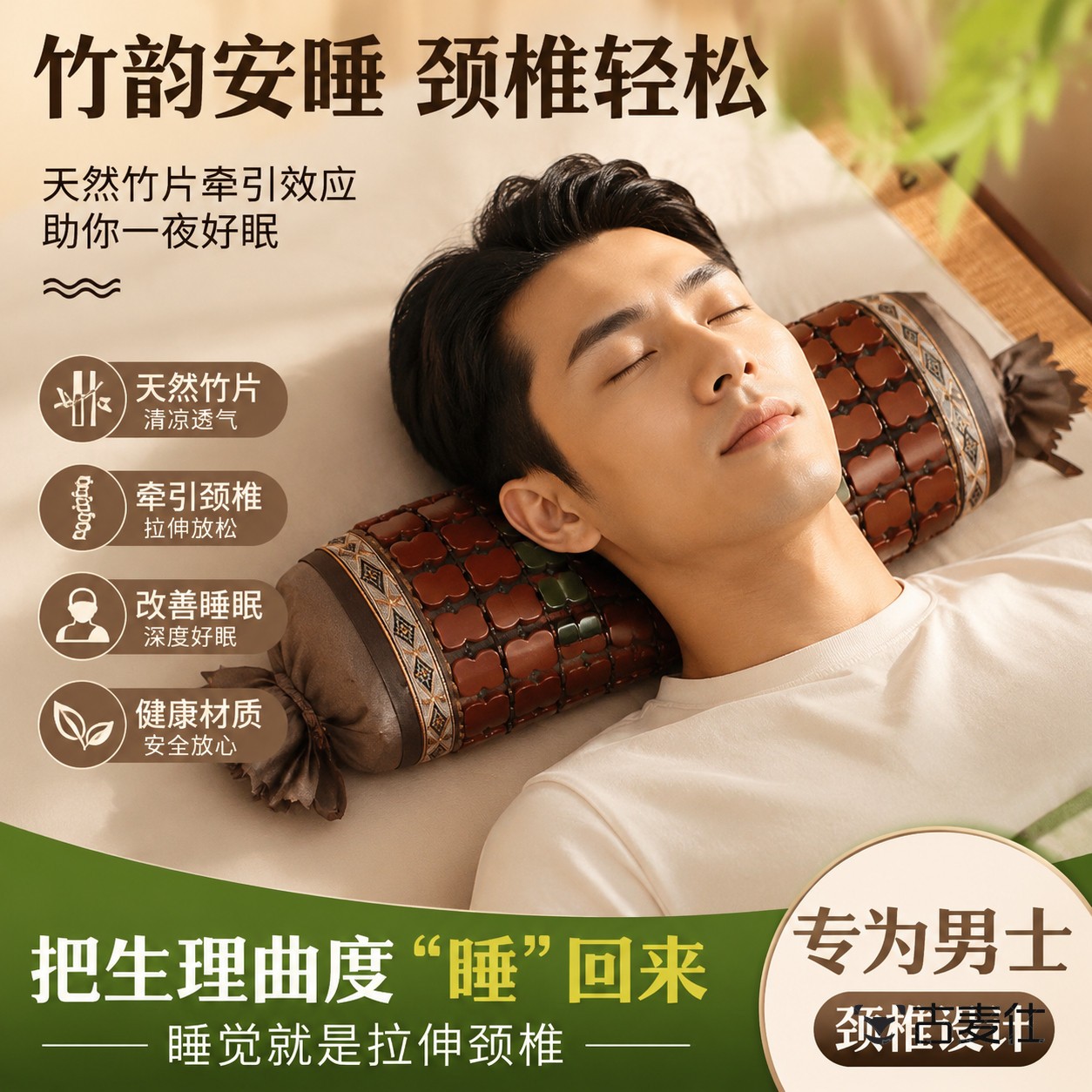 男士竹枕头老式清凉麻将凉席空心护颈椎茉莉花枕枕芯助睡眠圆柱枕