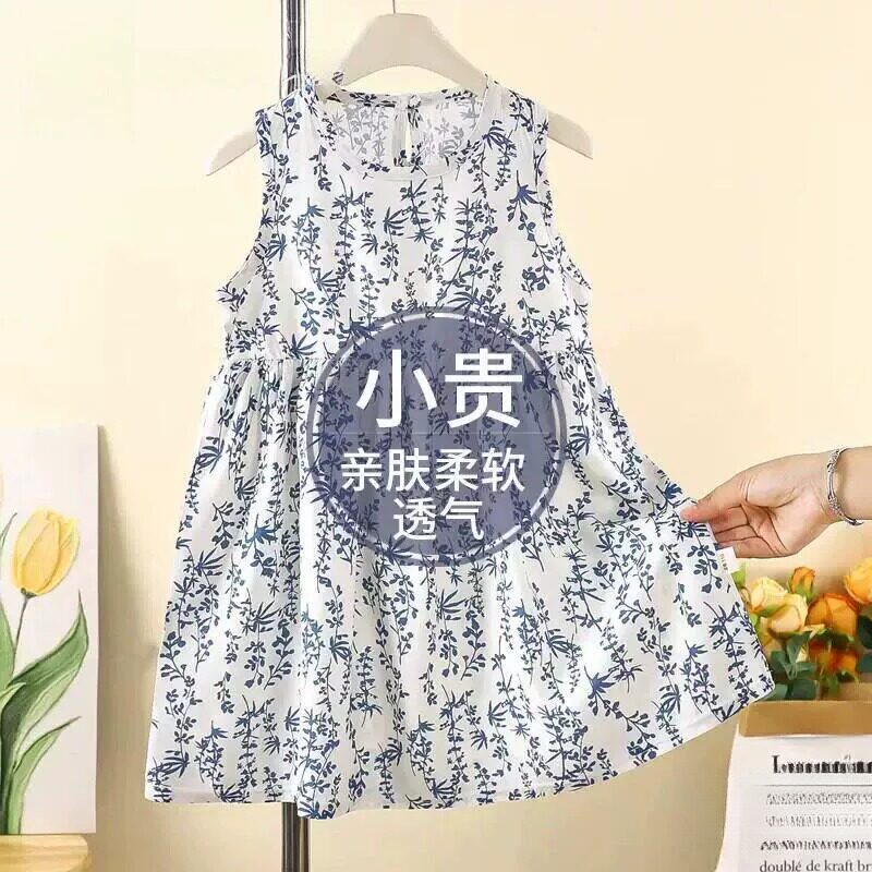 夏季新款蓝色裙子女童碎花棉绸连衣裙女童公主裙中大童女宝宝无袖